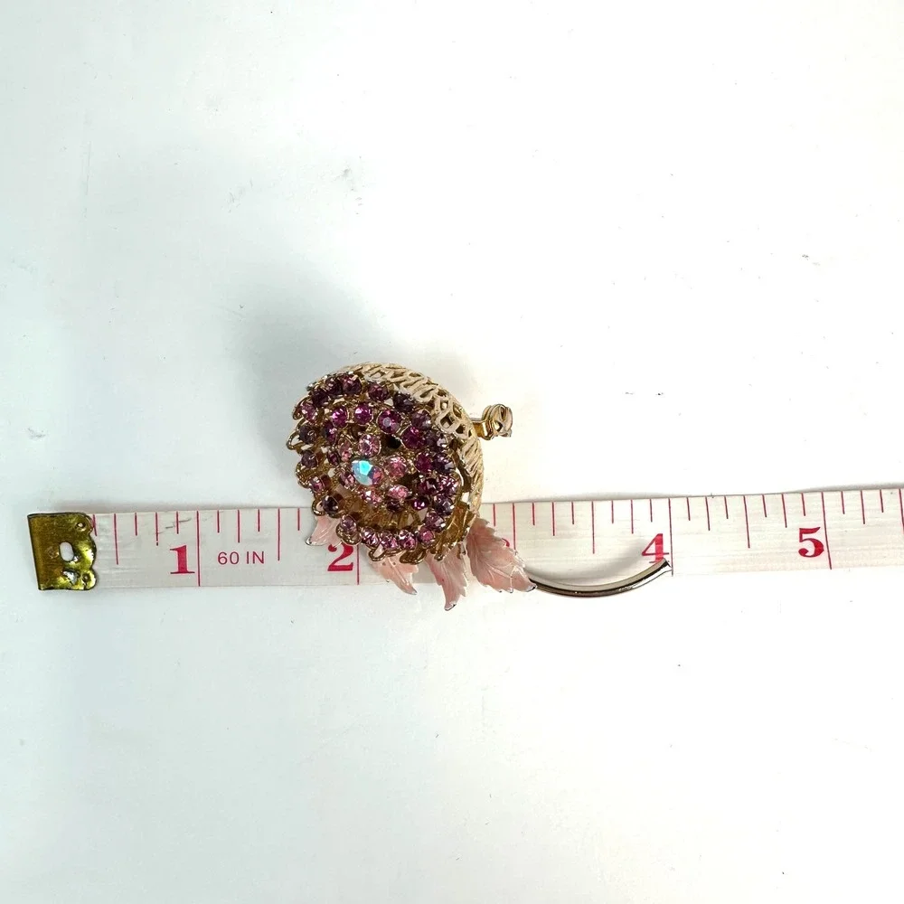 Vintage Gold Tone Purple Rhinestone Pink Enamel Leaf Floral Filigree Brooch Pin